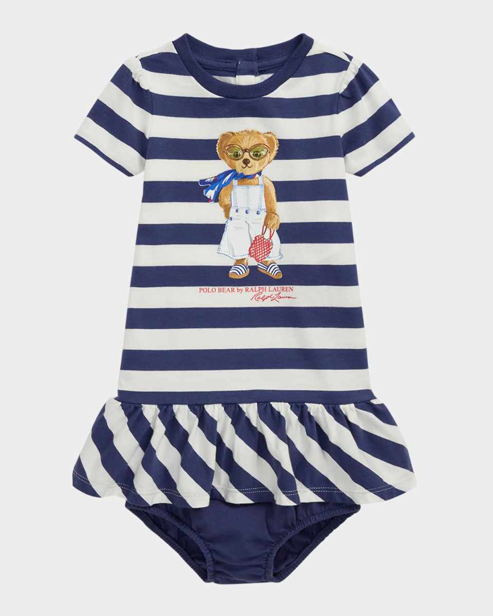 Girl's Striped Polo Bear Drop Waist Dress, Size 3M-24